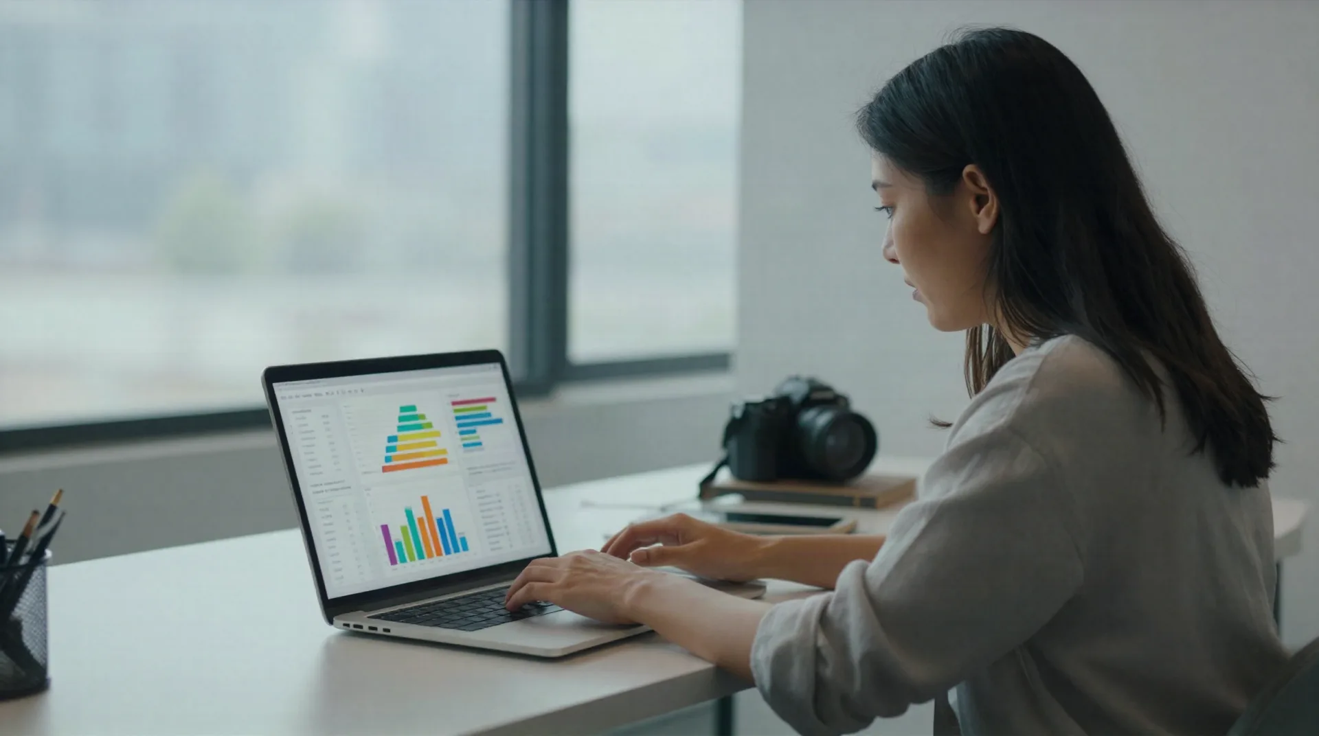 Marketing analyst reviewing AI answer-engine visibility dashboards on a laptop