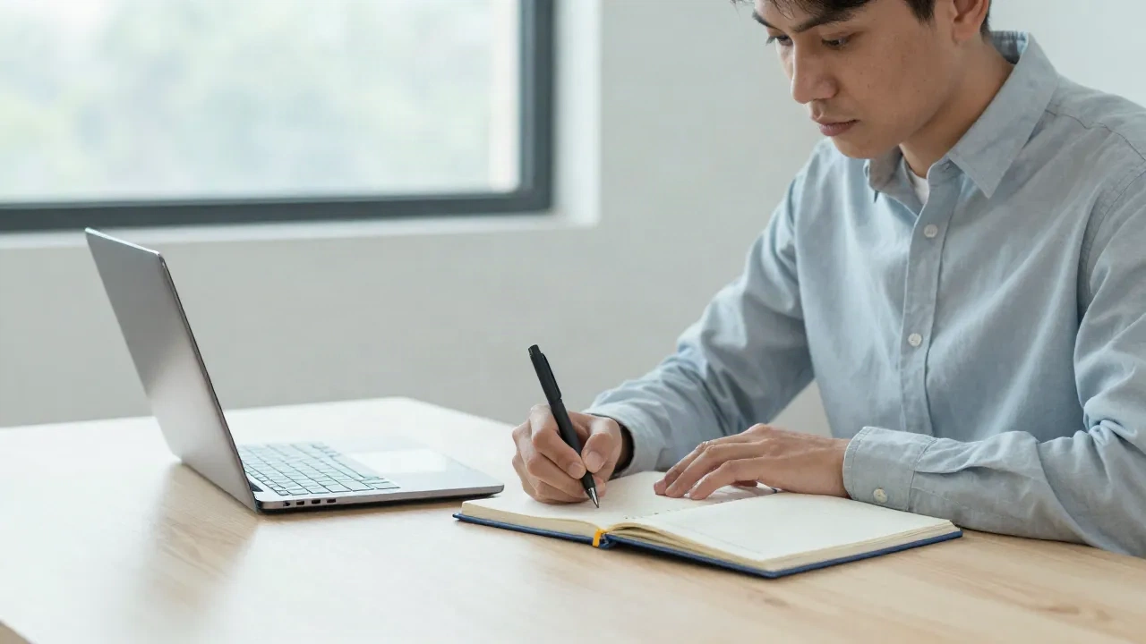 Ein professioneller Marketer schreibt ein Content-Briefing an einem sauberen Holzschreibtisch mit Laptop