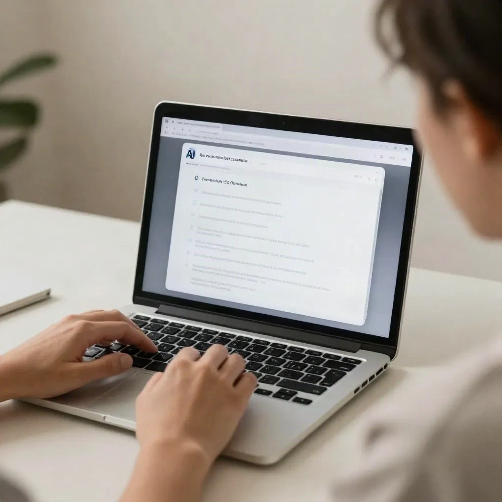 Content marketer working on AI-assisted SEO content creation at a laptop