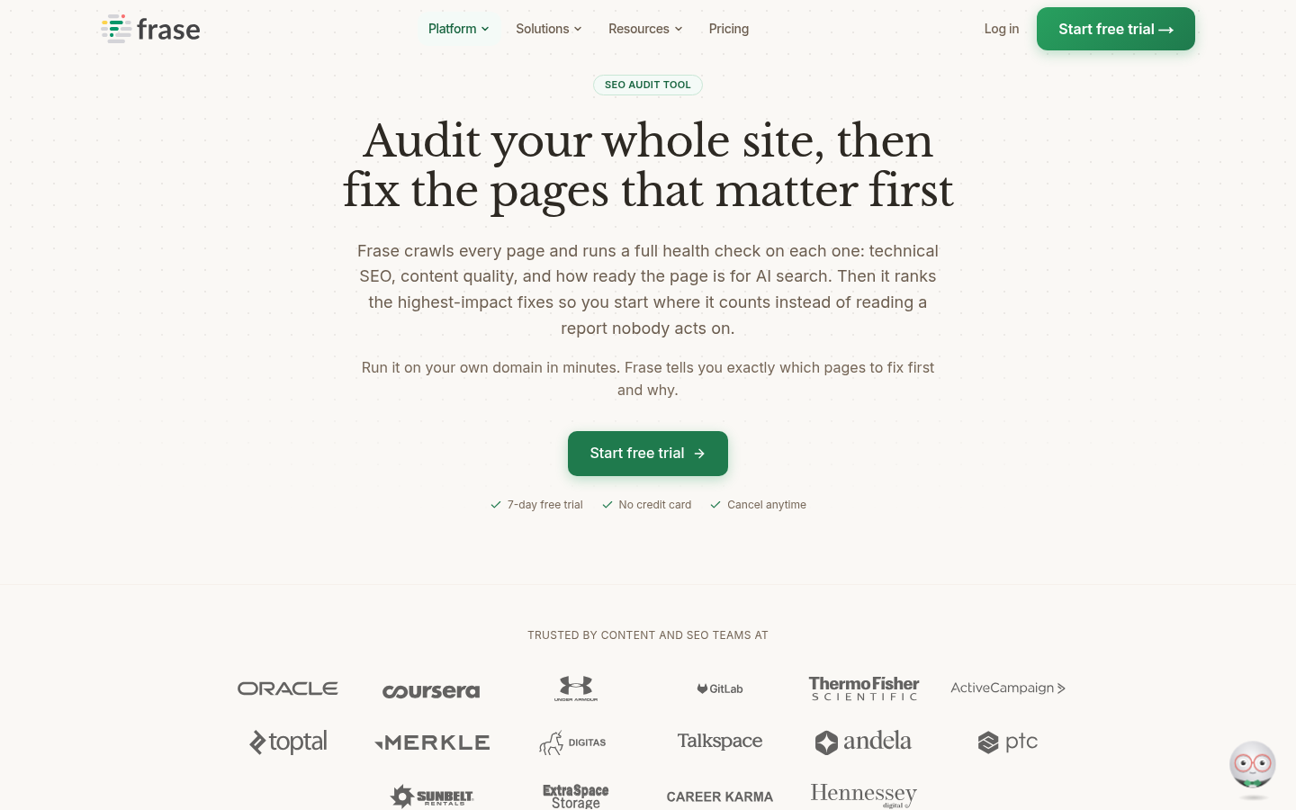 Frase site auditor screen ranking pages to fix by SEO and AI-readiness impact