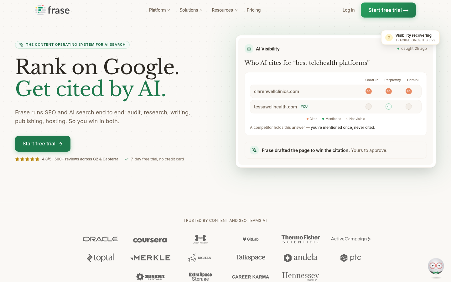 Frase.io Homepage zeigt die agentic SEO- und GEO-Content-Plattform-Positionierung, August 2026