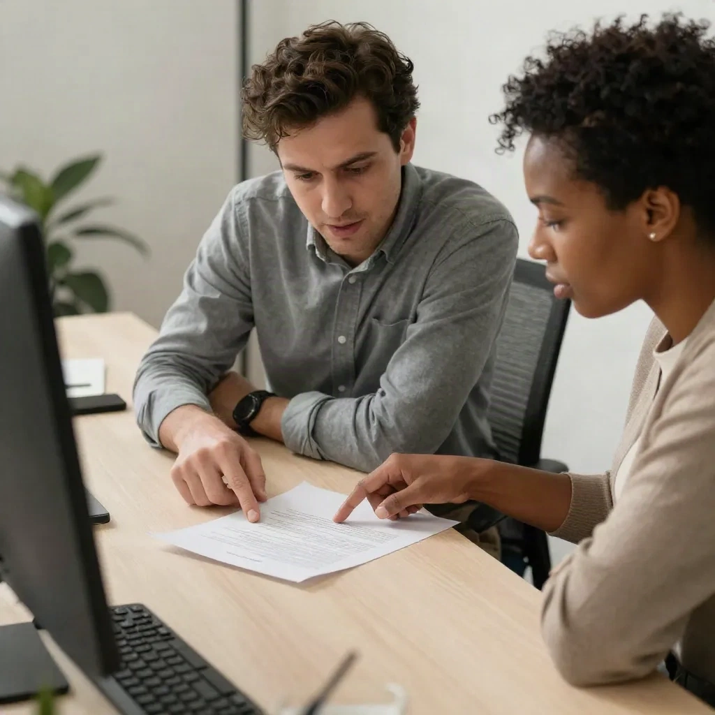 Two professionals reviewing and discussing a content brief document in a modern office
