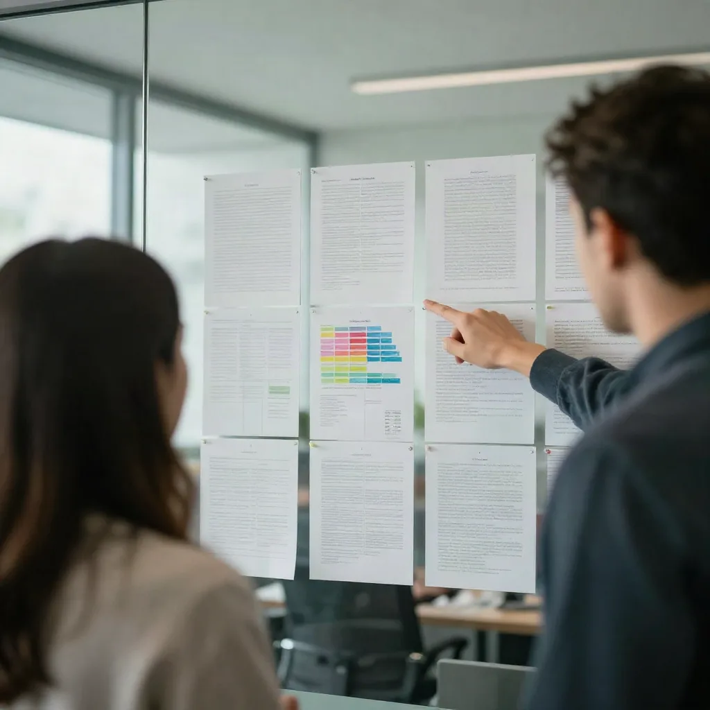 Two coworkers reviewing a printed content roadmap on a glass wall in an office