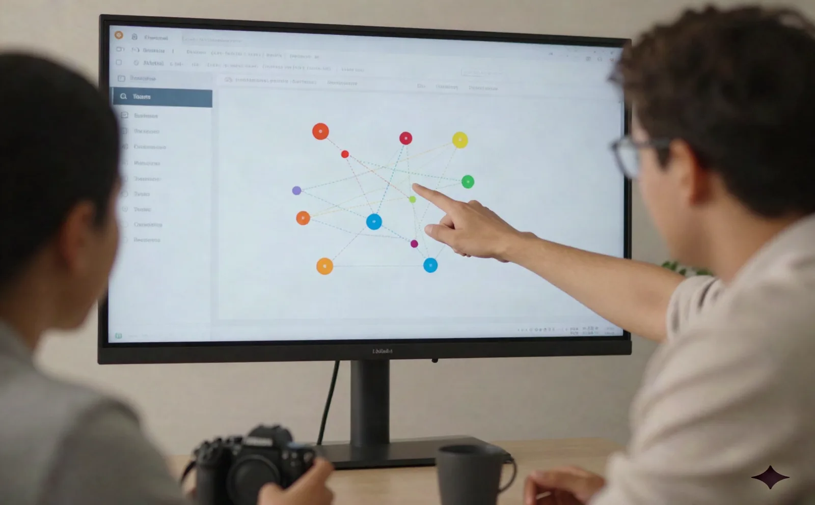 Two marketers reviewing an AI citation and mention tracking dashboard together