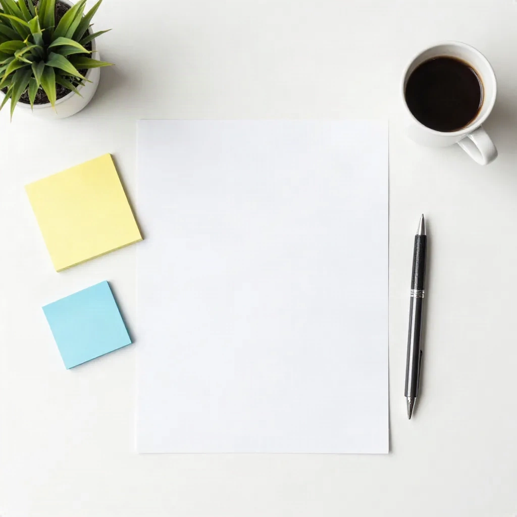 Top-down flat lay of a structured content brief document on a clean desk with notes and coffee