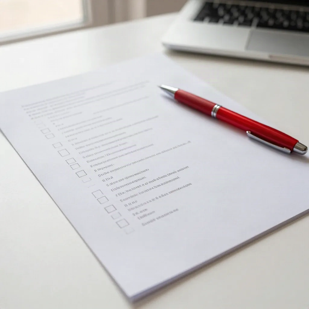 Printed editorial checklist on a desk with a red pen, representing a pre-publication content review gate
