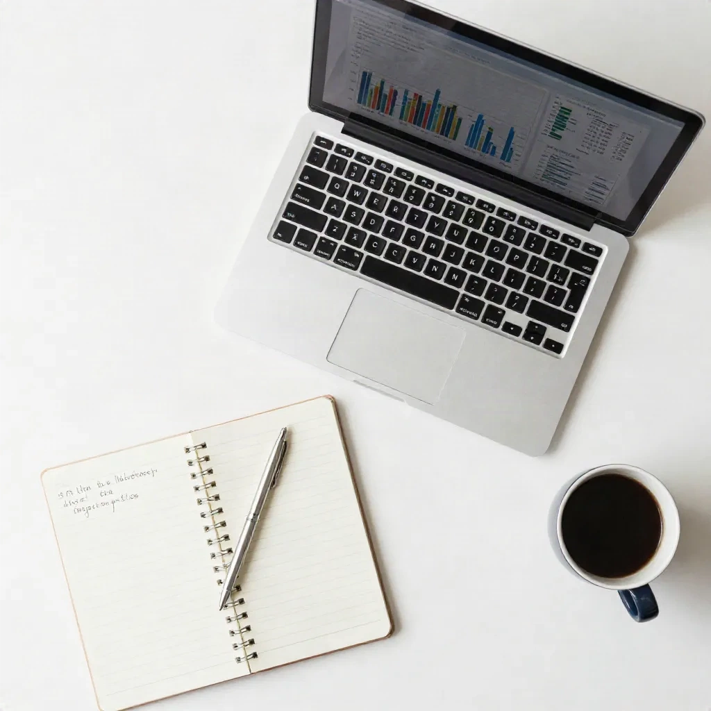 Content strategy workspace with laptop, notes, and organic SEO planning materials
