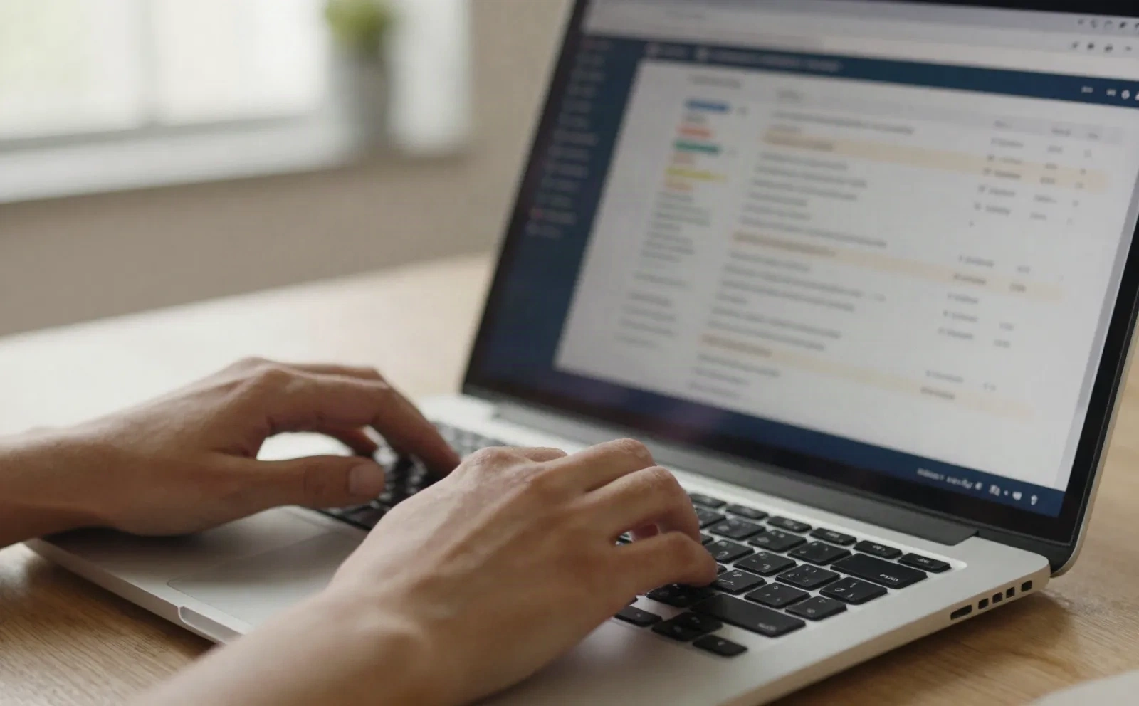 Content-strateeg die op laptop typt met gestructureerde content-blokken op het scherm