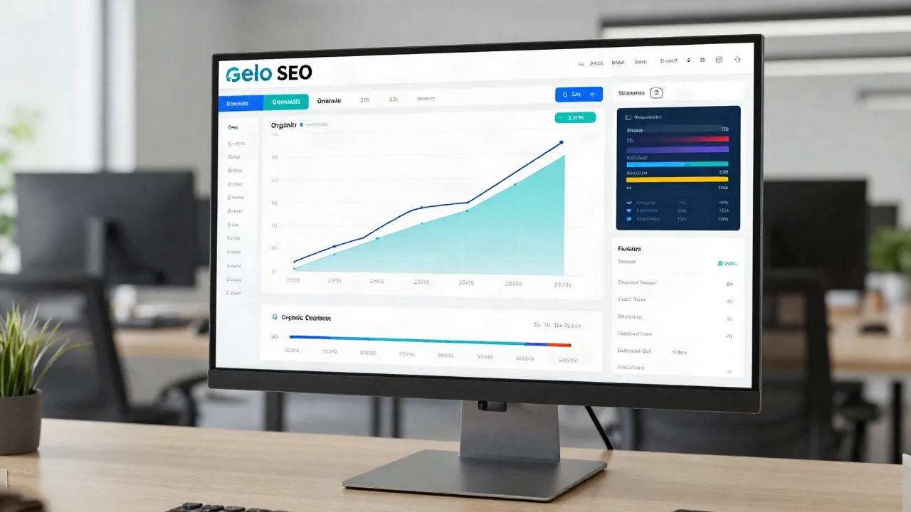 SEO analytics dashboard showing organic traffic growth charts on a professional monitor