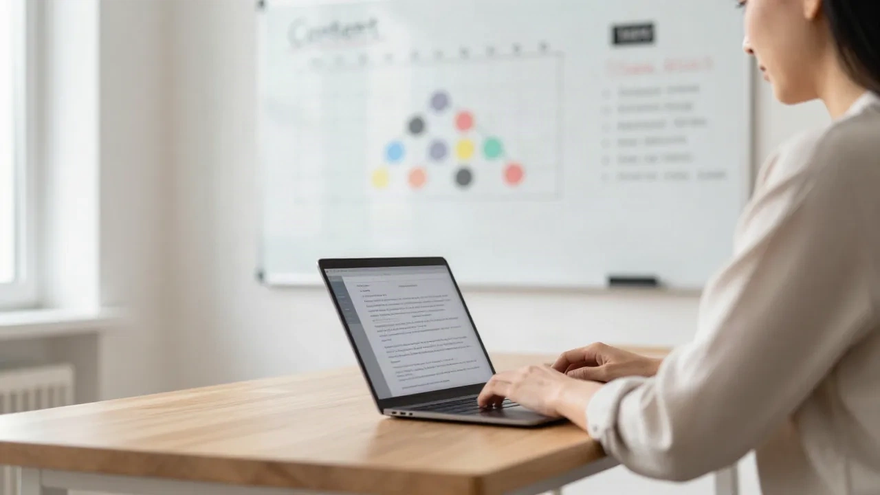 Editor reviewing content workflow at a desk with a topic cluster diagram in natural daylight