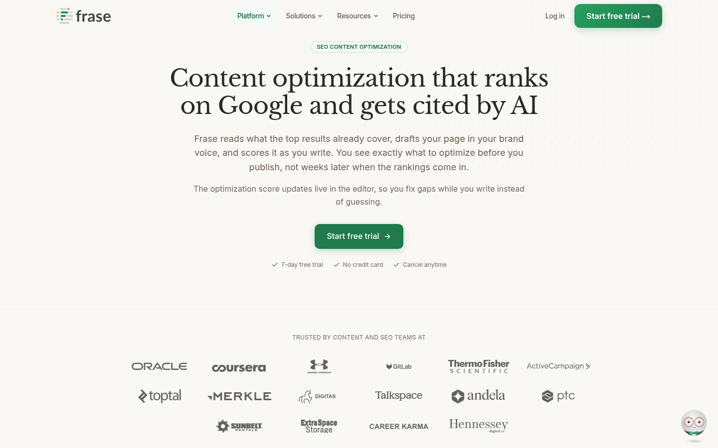 Frase SEO content optimization screen scoring a draft against the live SERP
