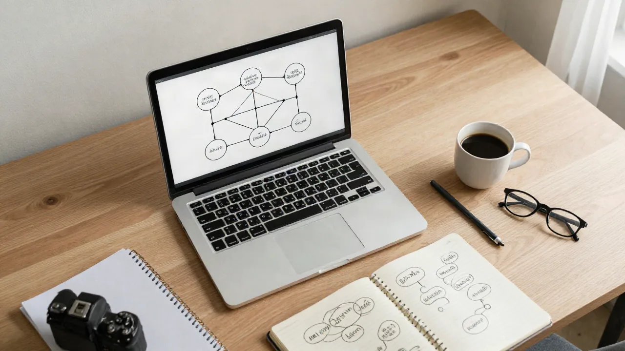 Overhead-Flatlage eines Arbeitsplatz-Schreibtischs mit einem Laptop, der ein Keyword-Cluster-Diagramm anzeigt, neben einem Notizbuch und Kaffee, das Keyword-Strategie-Planung darstellt