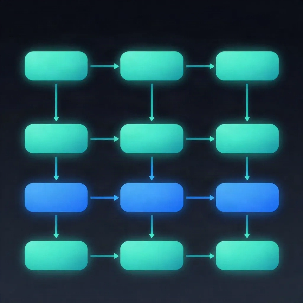 Abstract AI workflow diagram showing data processing and content generation pipeline