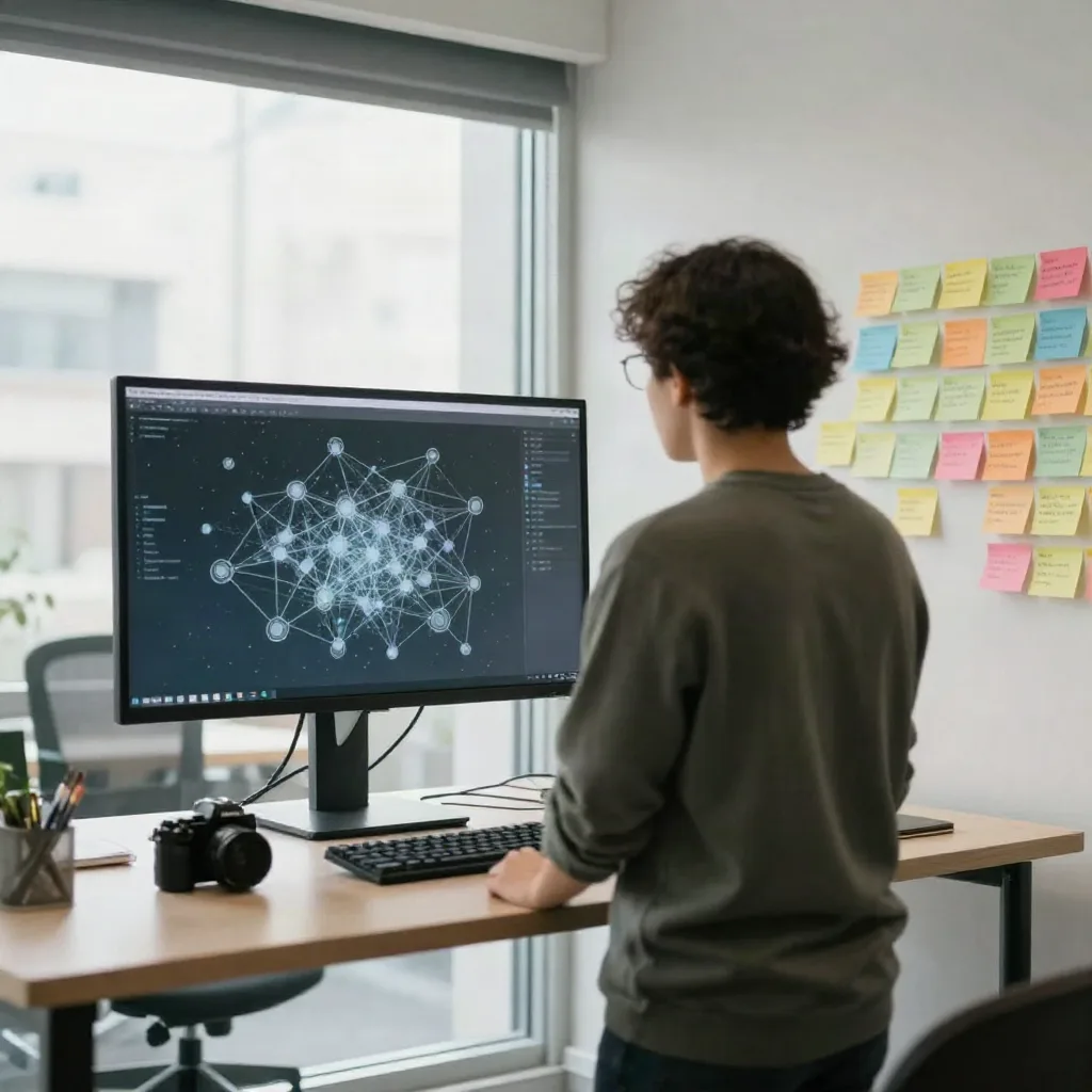 A person at a standing desk reviewing a clustered keyword network diagram on a monitor next to a sticky-note wall
