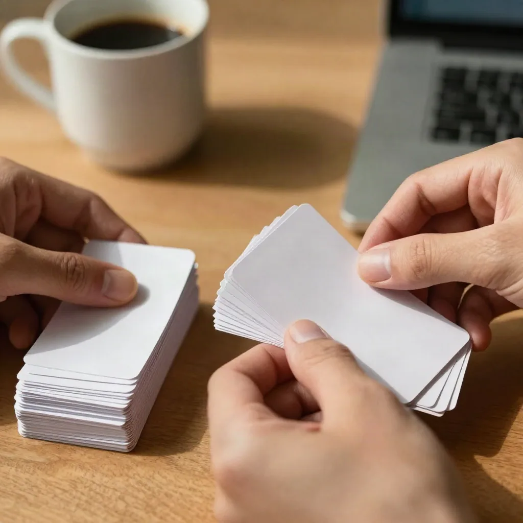 Close-up of hands sorting index cards into piles, representing keyword grouping by intent