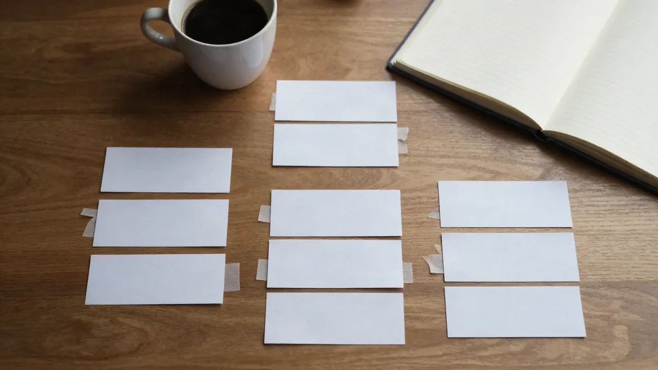 Kleine Papierkartengruppen auf einem Holztisch – Darstellung von Keyword-Clustering