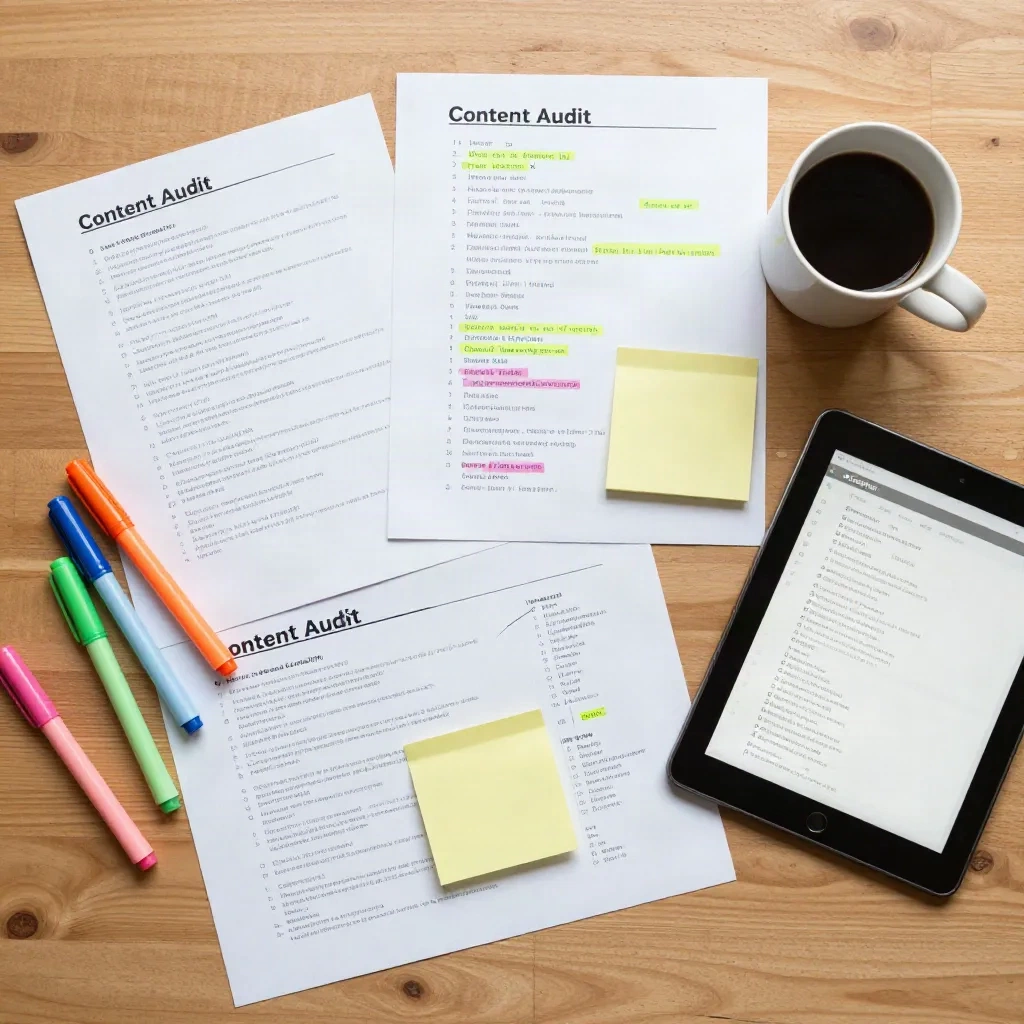 Content audit workspace with annotated printed pages, sticky notes and markers spread on a desk