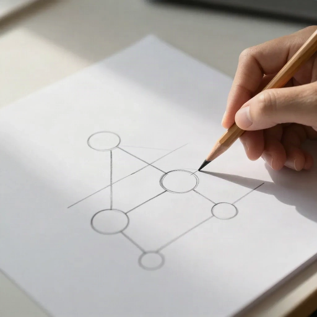 Hand sketching a topic cluster diagram on white paper, planning SEO content structure