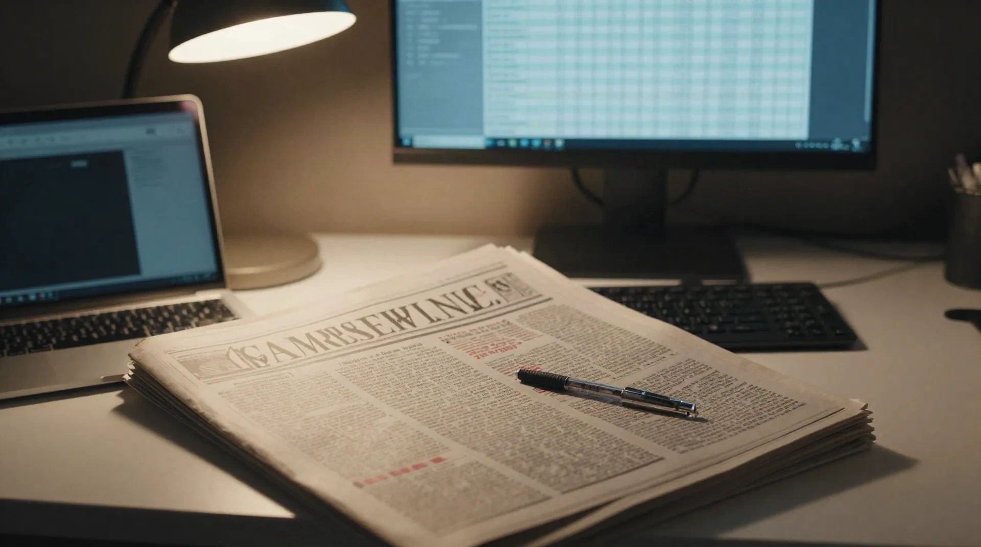 Un escritorio editorial de noche con un borrador de artículo impreso y un monitor mostrando datos estructurados, luz cálida de lámpara