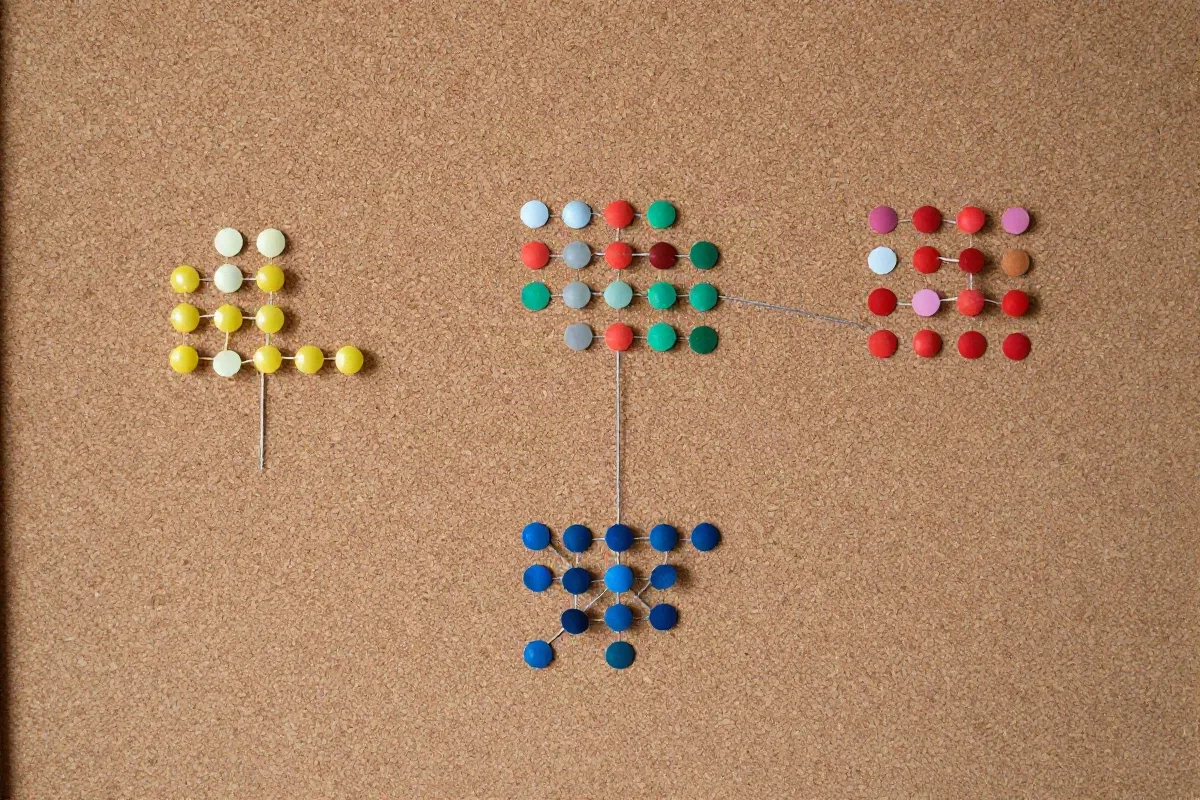 Colored dot stickers on a cork board grouped into clusters connected by string