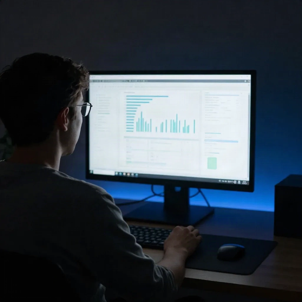 Professional reviewing SEO analytics and content performance data on a monitor