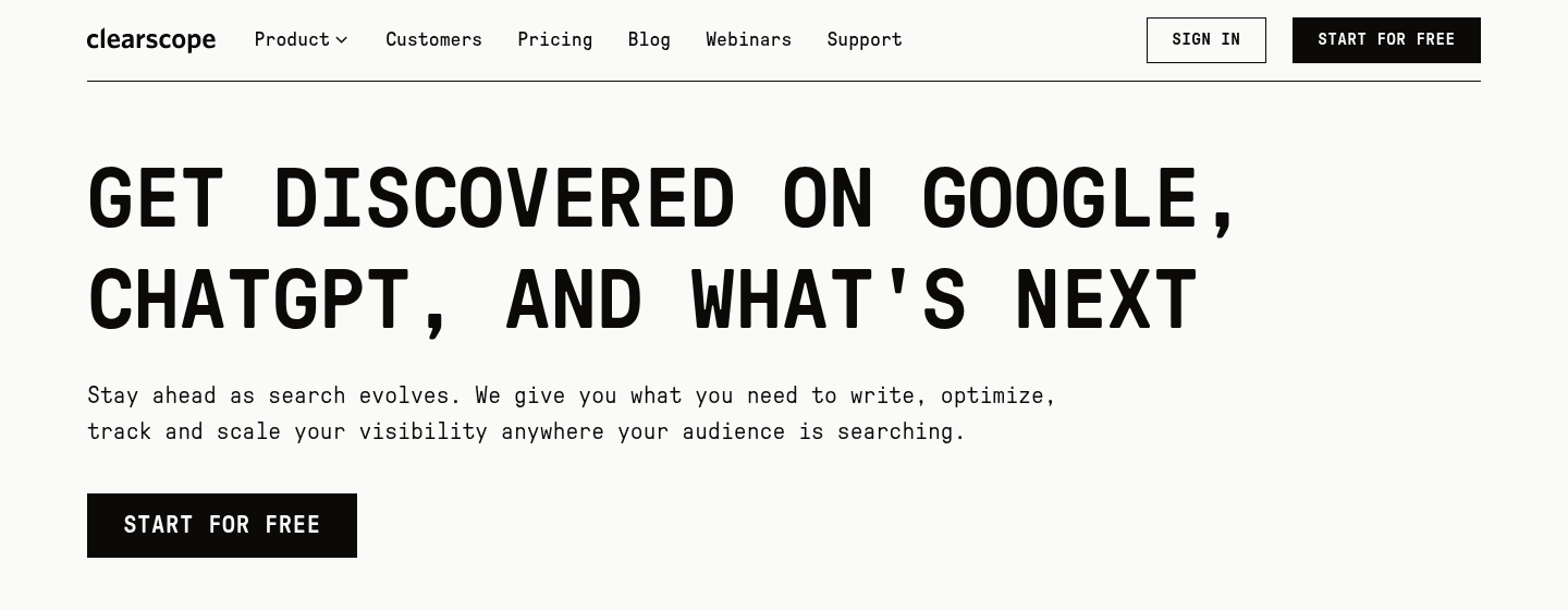 Clearscope homepage hero, October 2026: Get discovered on Google, ChatGPT, and what is next