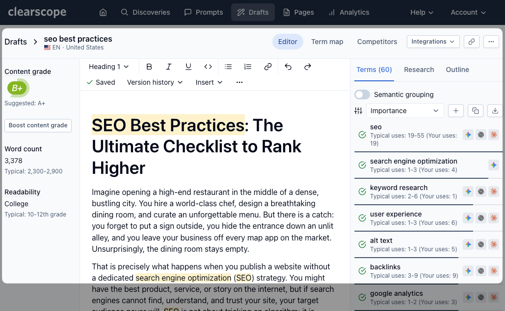 Clearscope editor showing content grade B+, word count 3,378 and a panel of 60 suggested terms