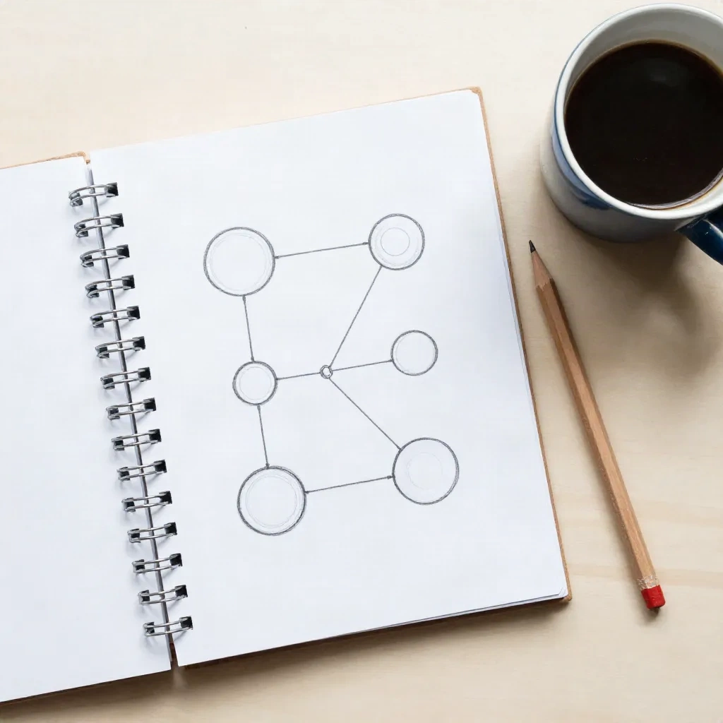 Handgezeichnetes Diagramm von verbundenen Kreisen in einem Notizbuch, das eine Entitätskarte skizziert