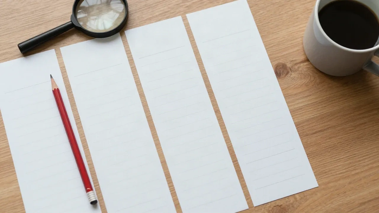 Redaktionstisch mit leeren Papierstreifen als Titelideen, roter Stift und Lupe