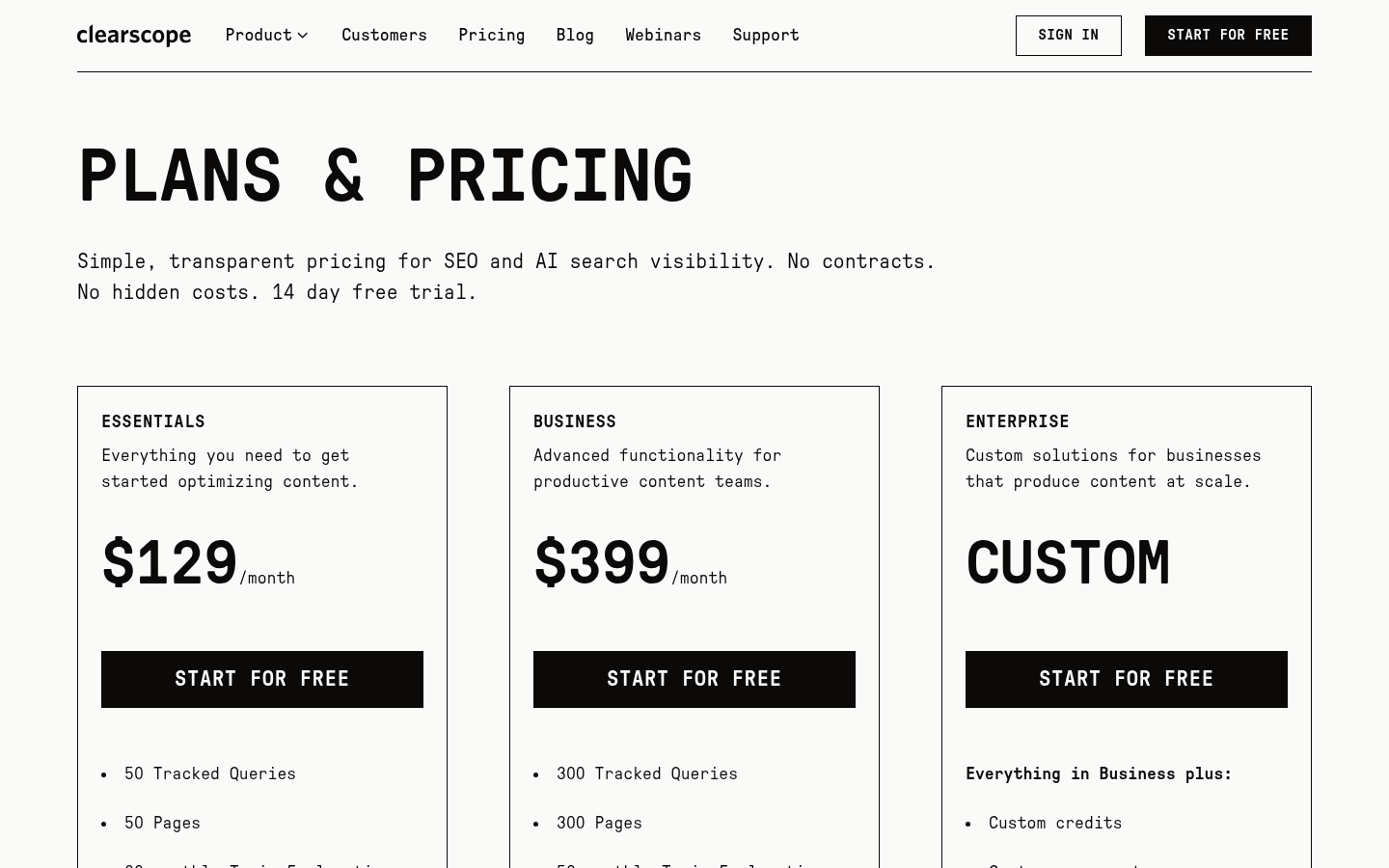 Clearscope pricing page with Essentials at $129 per month, Business at $399 per month and Enterprise custom, October 2026