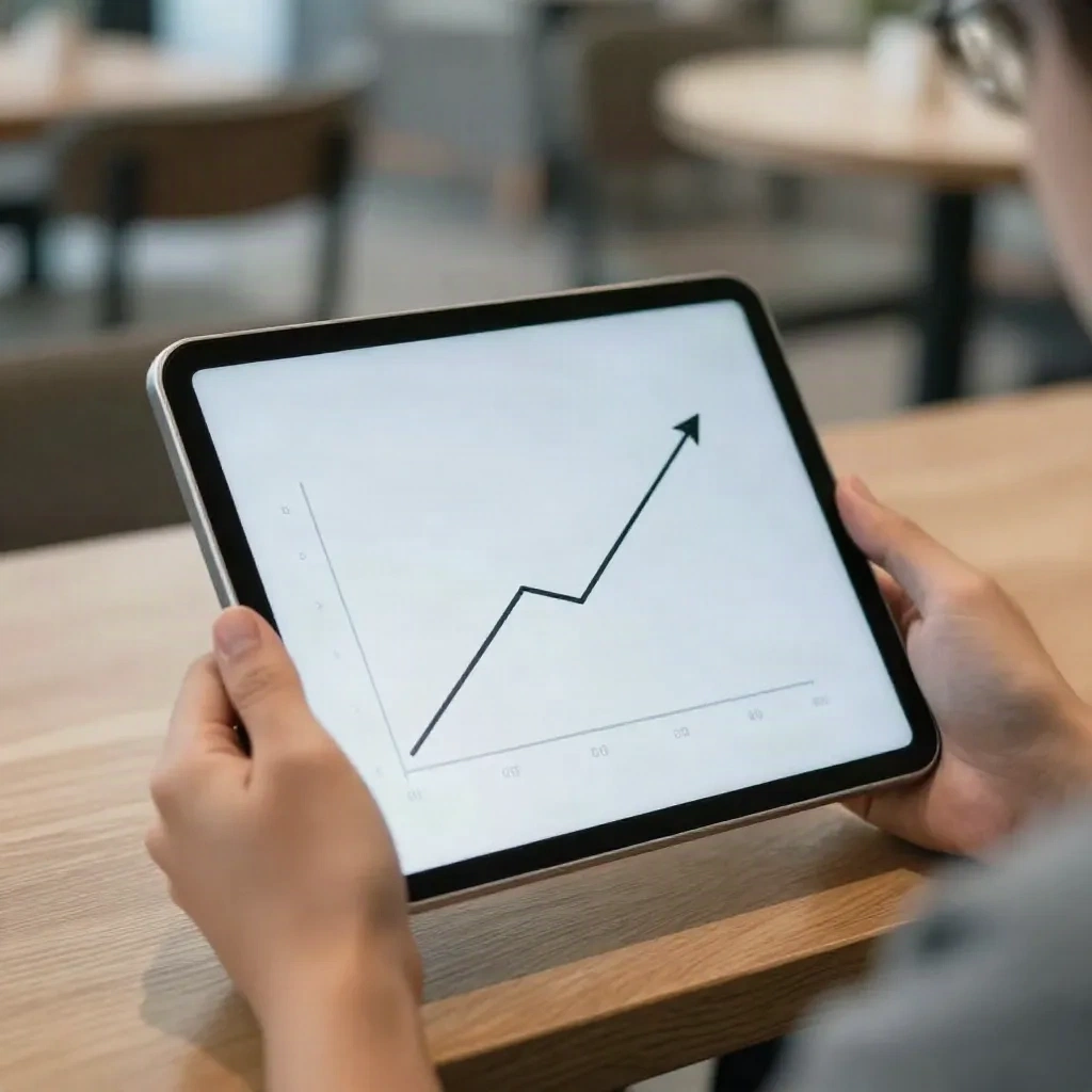 Hands holding a tablet with a rising line chart