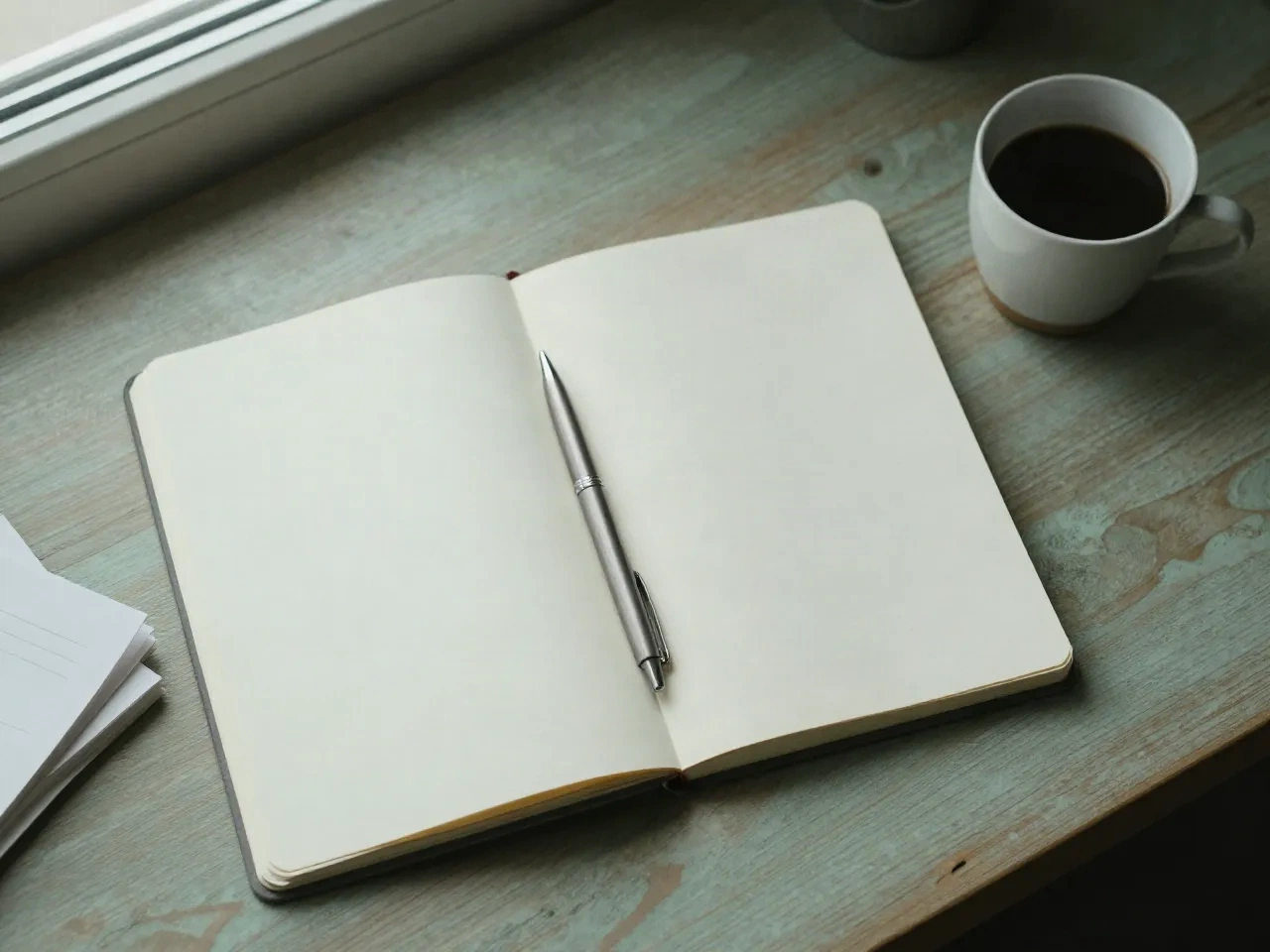 Open blank notebook and pen on a desk, the start of a content brief