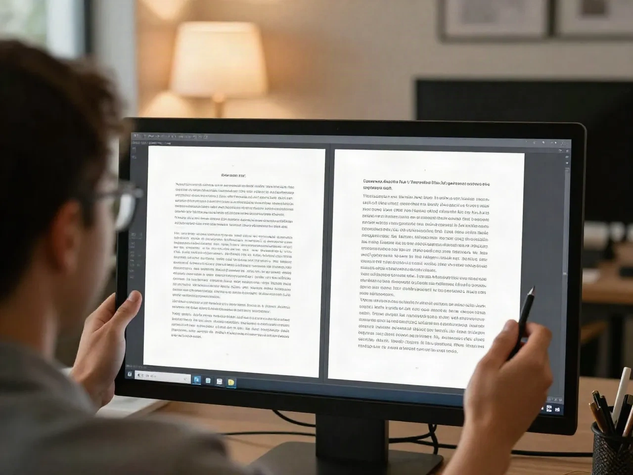 Editor comparing two article drafts side by side on a monitor