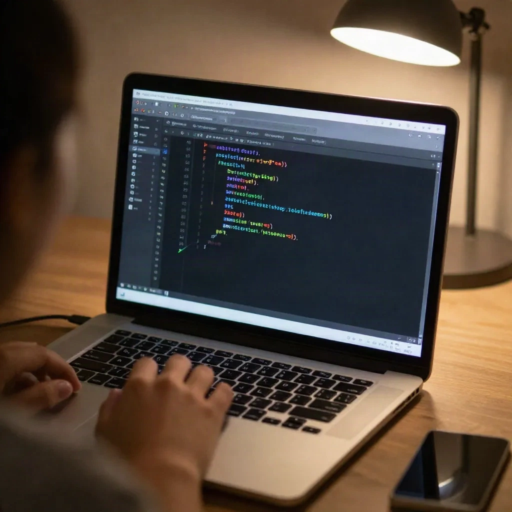 Over-the-shoulder-Ansicht eines Editors, der strukturierte Daten-Markup auf einem Laptop überprüft
