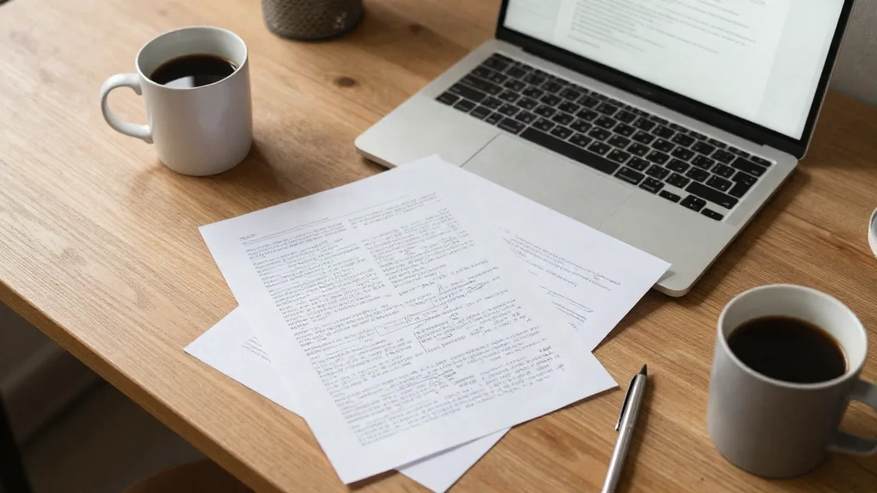 Basılı bir blog taslağının yanında duran dizüstü bilgisayarlı bir editör masası