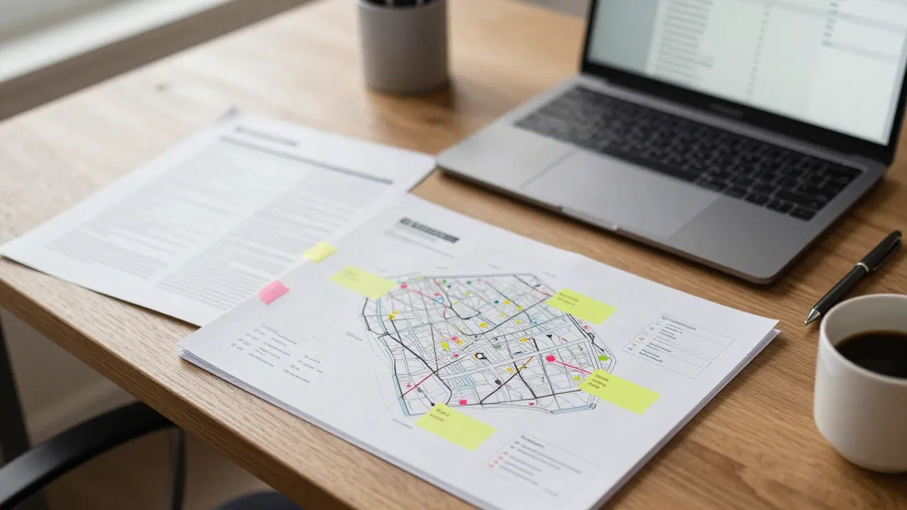 Redaktionstisch mit annotierten Sitemap-Ausdrucken und einem Laptop mit Tabellenkalkulation
