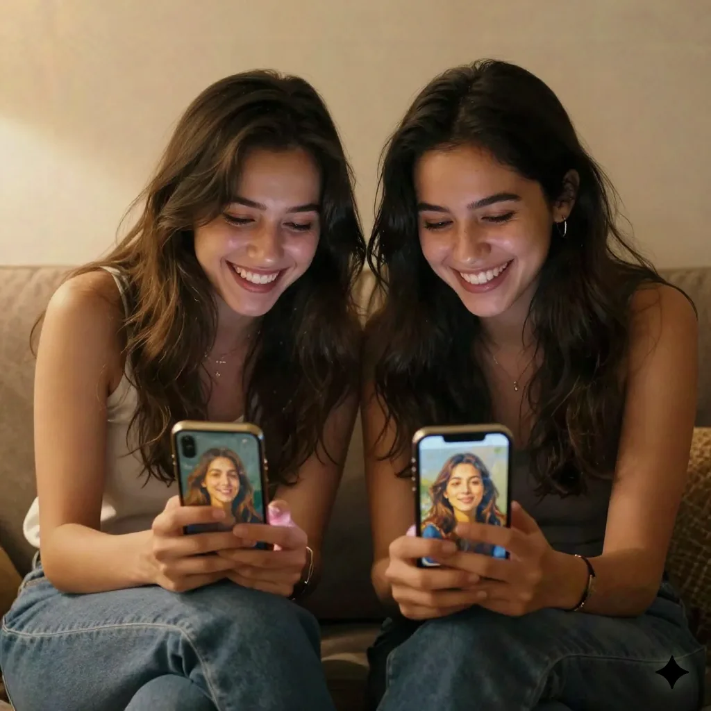 Two friends laughing together while viewing their AI oil painting portraits on their phones