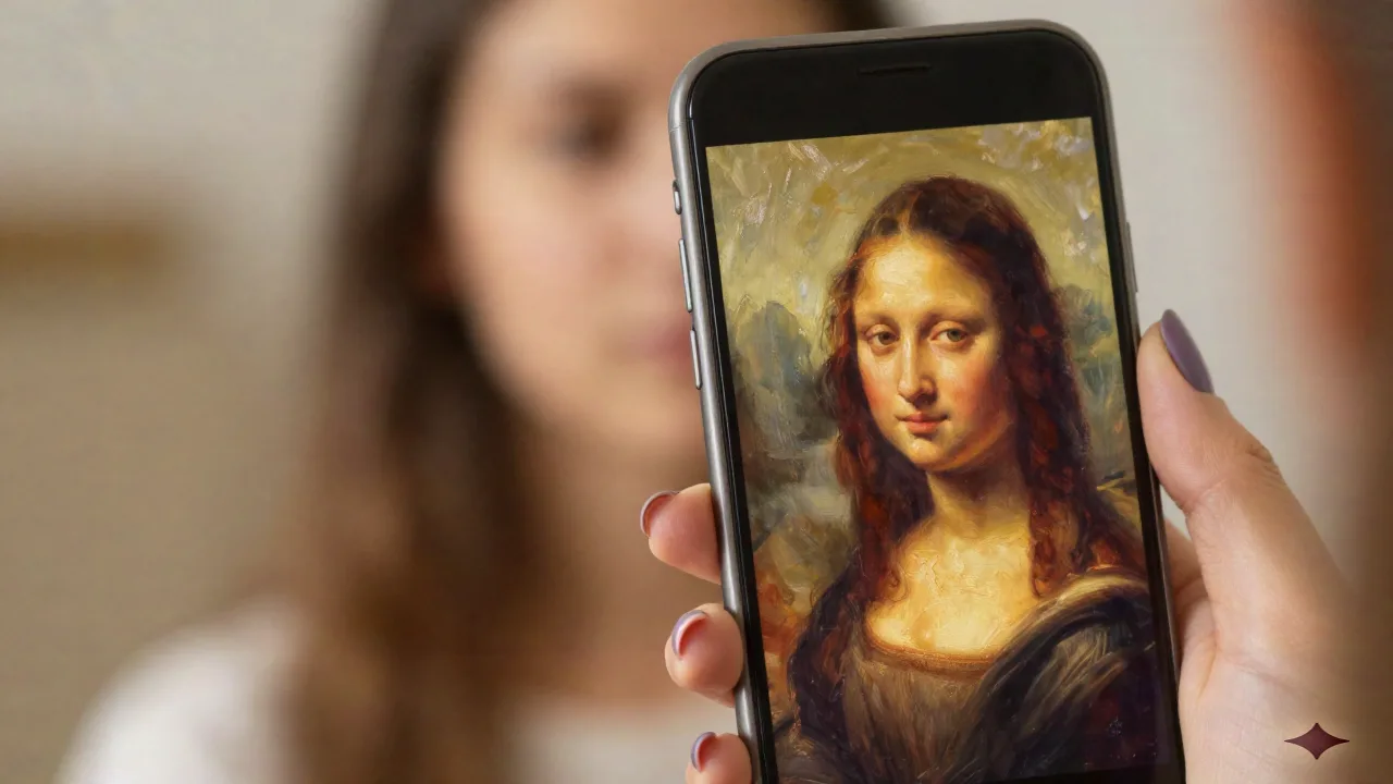 Young woman holding smartphone showing an AI oil painting portrait of herself
