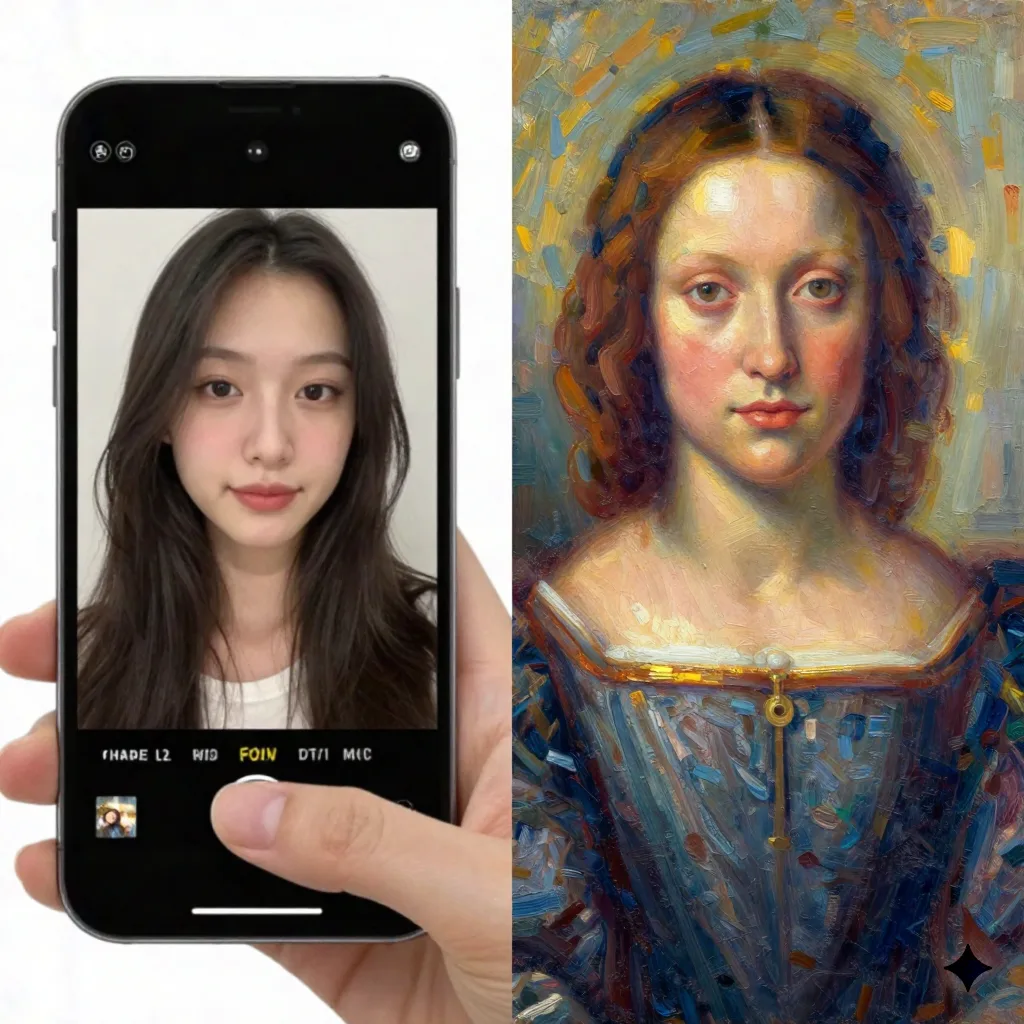 Split screen comparison of a selfie photo and its AI oil painting version on a smartphone