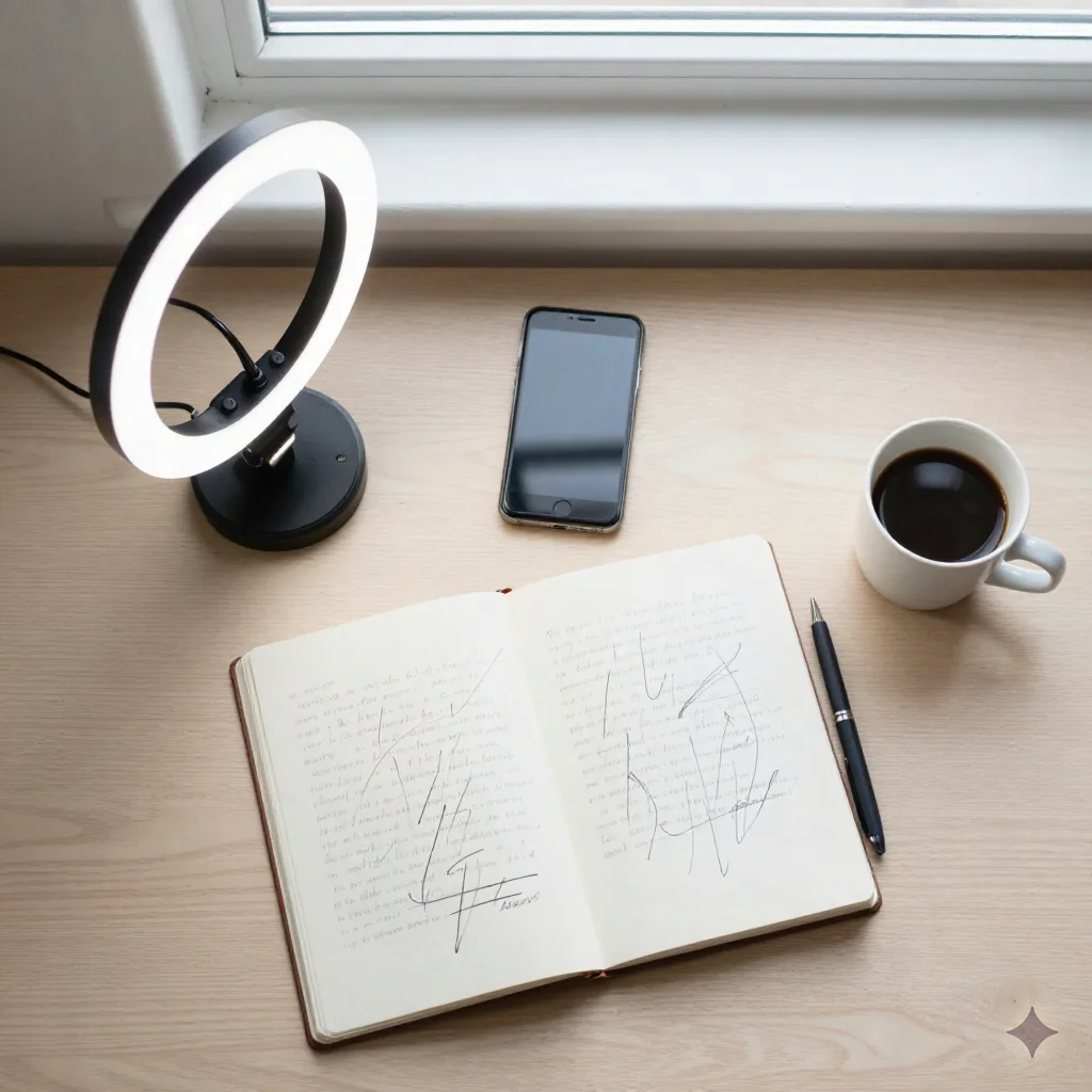 Overhead flat-lay of a creator filming kit: ring light, phone, notebook with scribbled notes, coffee cup