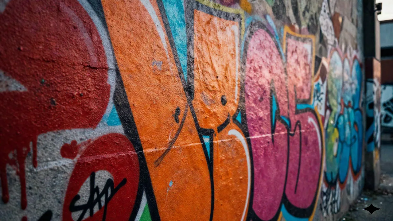 Close-up of a vivid spray-paint graffiti wall in red, orange, pink and cyan