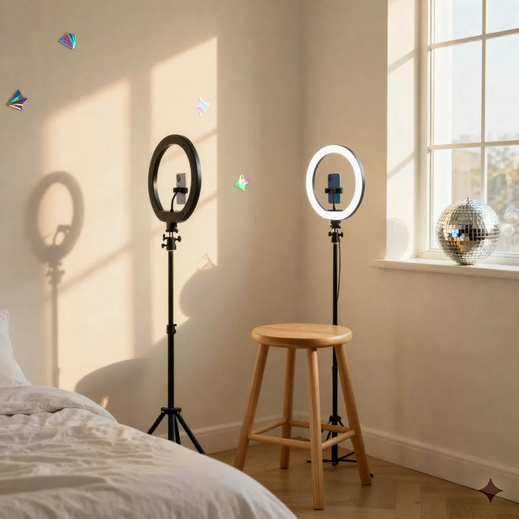 Ring light dan phone tripod setup di Y2K-decorated bedroom corner