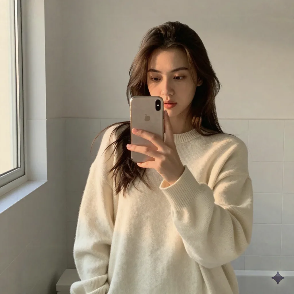 Cewek lagi selfie di depan cermin dengan cahaya golden-hour lembut di kamar mandi