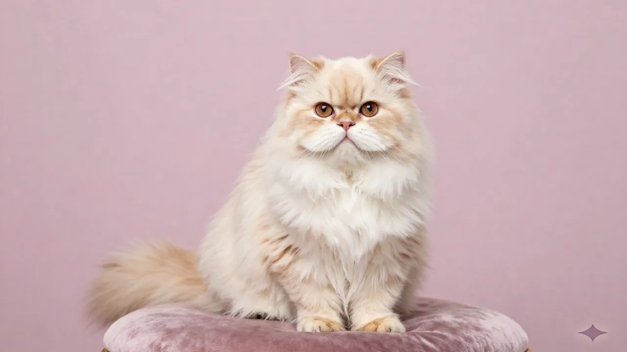 Un gatto Persiano crema seduto in posa regale su un cuscino di velluto con uno sfondo studio rosa e lavanda