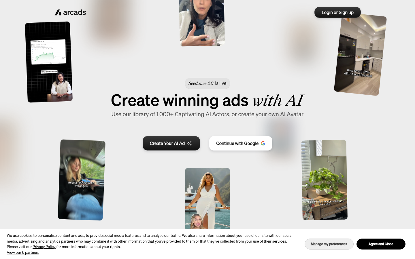Arcads homepage hero: create winning ads with AI actors, July 2026