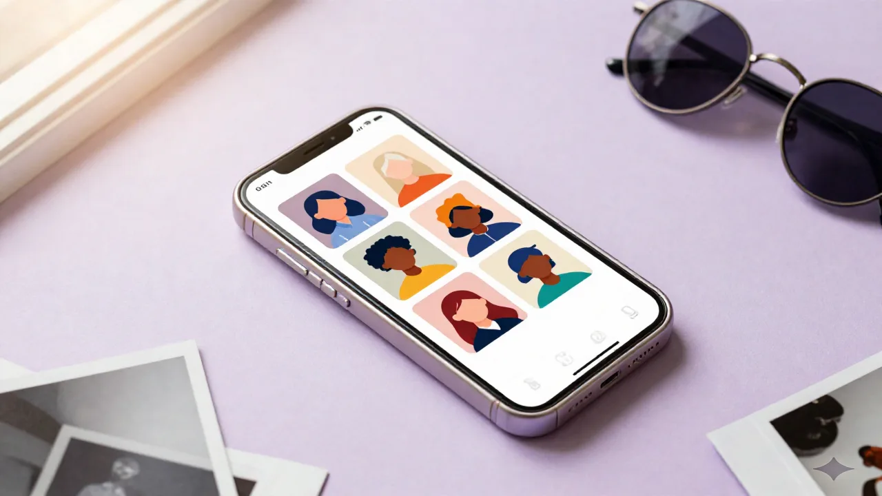 Ponsel di meja nunjukin grid colorful AI-stylized portrait thumbnail