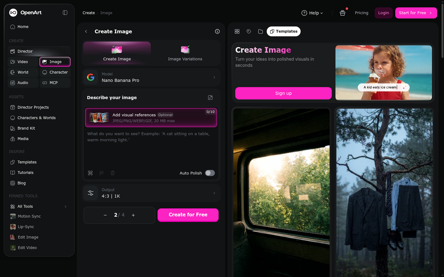 Espace de travail de création d'image d'OpenArt AI Suite, montrant le panneau de modèles utilisé pour le test de personnage LoRA
