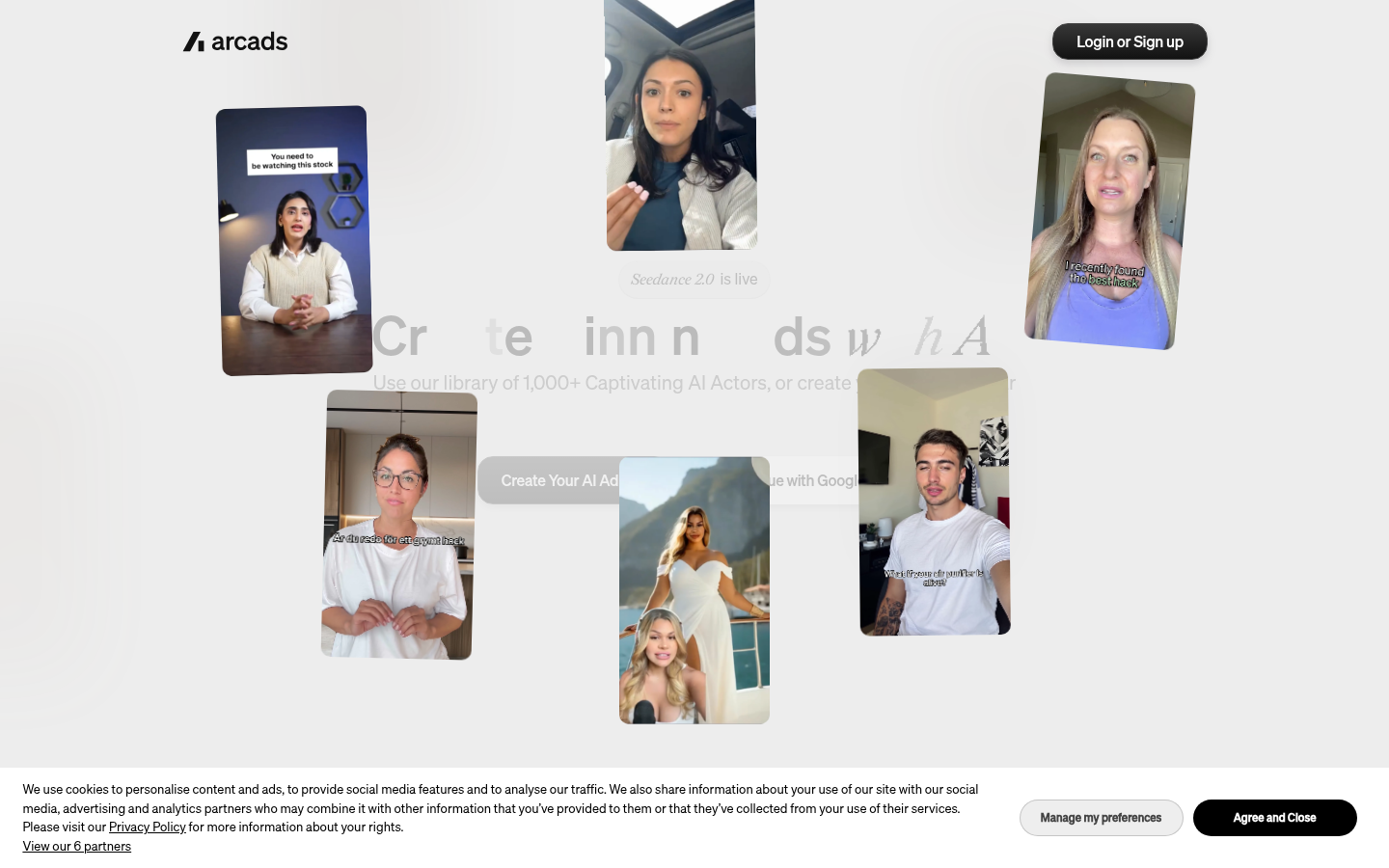 Arcads ana sayfası ekran görüntüsü, AI destekli UGC reklam video platformu