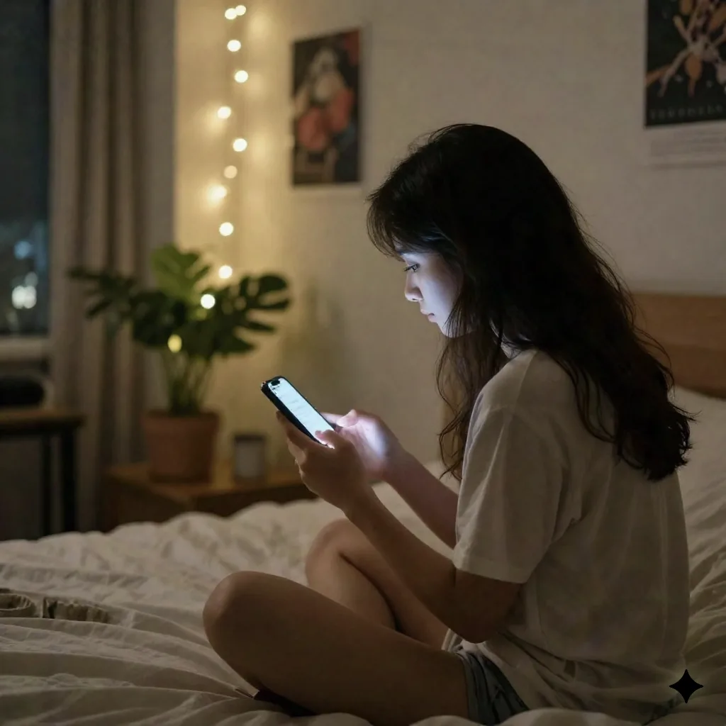 Orang scroll AI style options di ponsel di malam hari di tempat tidur