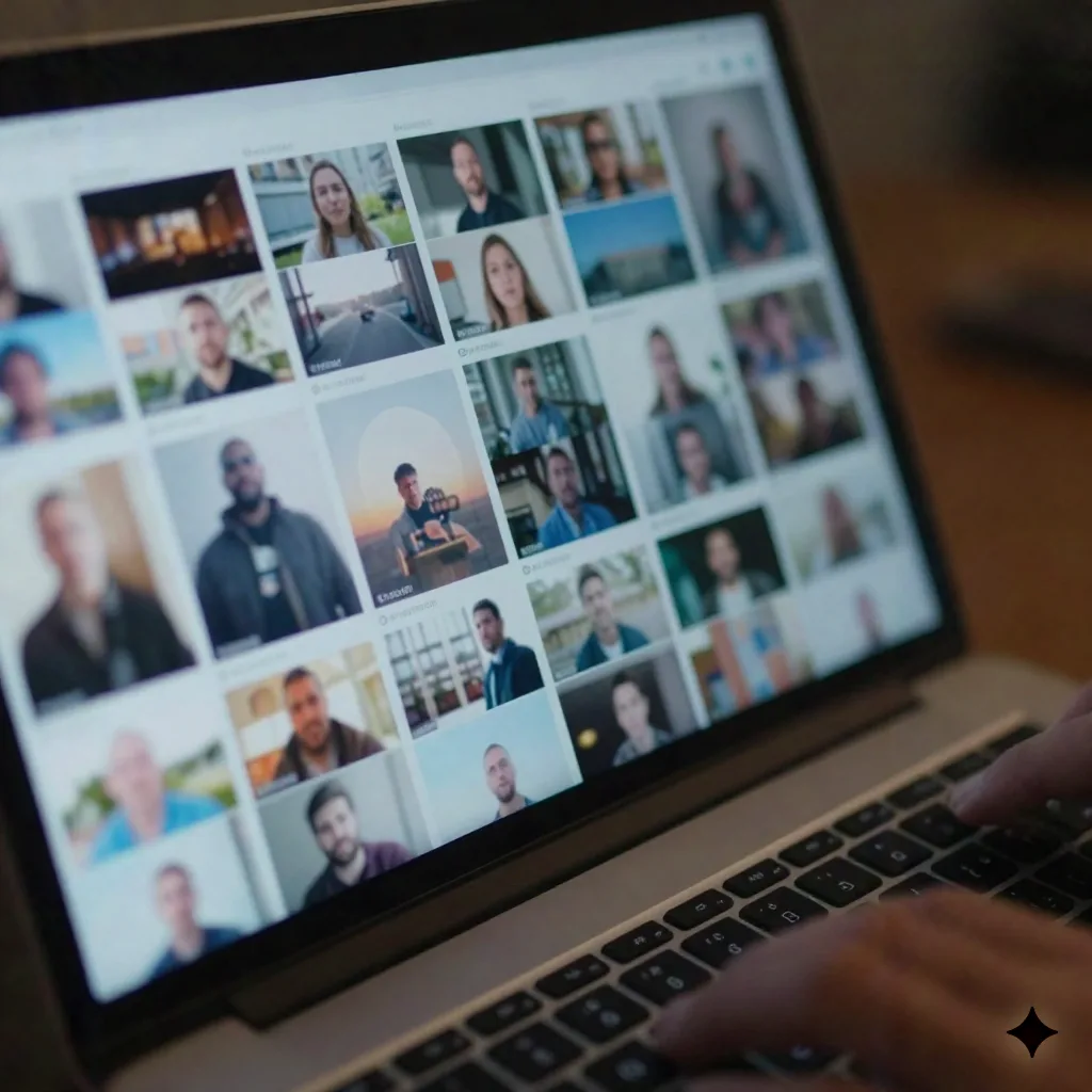 Close-up of a laptop screen showing a grid of video thumbnails, hand near the trackpad